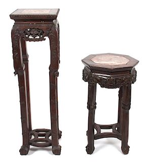 Two Marble Inset Hardwood Asian Tables Height of taller 33 1/4 inches.