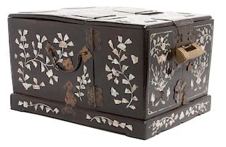 An Asian Mother-of-Pearl Inlaid Jewelry Box Height 8 1/2 x width 10 1/2 x depth 14 1/2 inches.