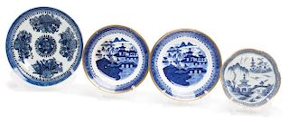 Four Chinese Export Blue and White Porcelain Plates Diameter of largest 9 inches.