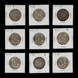 A Collection of Nine United States Benjamin Franklin Half-Dollar Coins