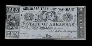 A State of Arkansas 1863 Blue Paper and Green Back $10 Treasury Warrant