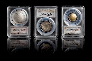 A Set of Three United States 2014 Baseball Hall of Fame Commemorative Coins With Pete Rose Autographed Case