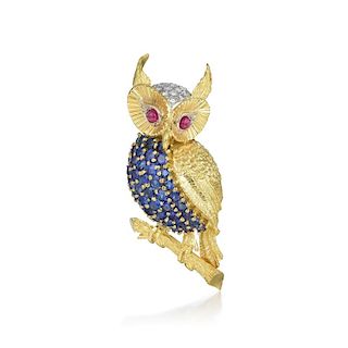 A Sapphire, Ruby, and Diamond Owl Pin