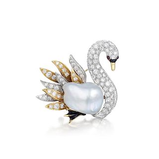 A Baroque Pearl and Diamond Swan Brooch