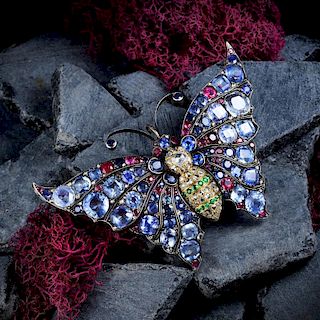 A Silver-Top Sapphire Butterfly Brooch