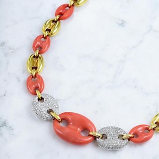 A Coral and Diamond Link Necklace