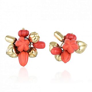 A Pair of Coral Fruit and Fluted Bead Tremblant Earrings