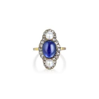 An Antique Sapphire, Diamond, and Pearl Ring