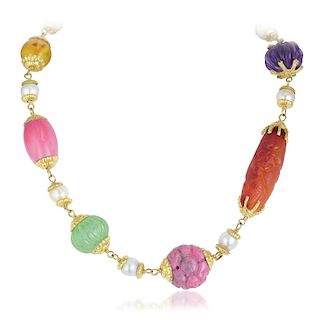 A Multi-Gem and Pearl Bead Necklace