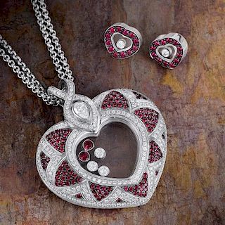 Chopard Happy Diamond Ruby Heart Pendant Necklace and Earring Set