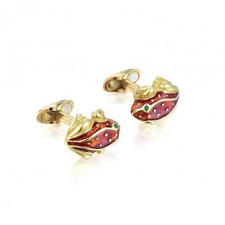 A Pair of Gold and Enamel Frog Cufflinks
