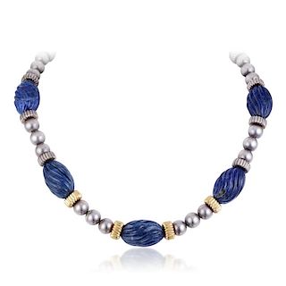 Cartier Lapis, Silver, and Gold Bead Necklace