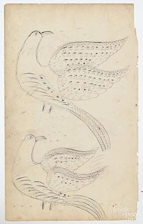Pen and ink calligraphy of doves, with pencil inscription Howard Burkhardt 1884, double sided, in