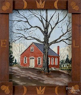 Oil on wood panel schoolhouse painting, signed Ursula Martino December 1979, with an inlaid walnut