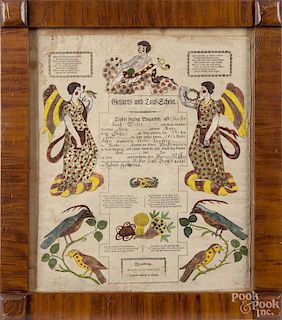 Pennsylvania printed and hand colored fraktur by Johann Ritter, dated 1833, 15 1/2'' x 13''.