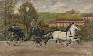 Primitive oil on canvas coaching scene, late 19th c., probably English, 14 1/2'' x 23 3/4''.