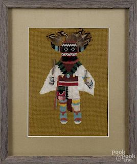 Two Hopi needleworks of Kachina dolls, 20th c., 10 1/2'' h., 7 3/4'' w. and 11 1/4'' h., 8'' w.