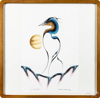 Garnet Tobacco watercolor and airbrush drawing, titled Great Blue Heron, signed and dated 2010,