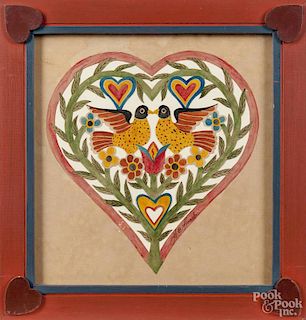 G. B. French (American 20th c.), watercolor scherenschnitte cut out of love birds within a heart, in