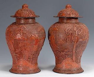 Pr. Large Urn Form Cinnabar Vases, Ming