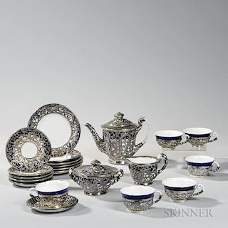 Blue and White Porcelain Tea Service with Sterling Silver Decoration 蓝白瓷银饰茶具