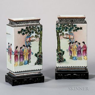 Pair of Enameled Rectangular Vases 一对长方形粉彩瓷罐