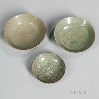 Three Celadon-glazed Stoneware Dishes 三只青瓷碟