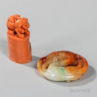 Jadeite Carving and a Coral Chop 玉雕印和珊瑚雕件