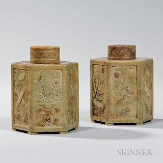 Pair of Carved Soapstone Covered Tea Caddies 一对滑石茶具
