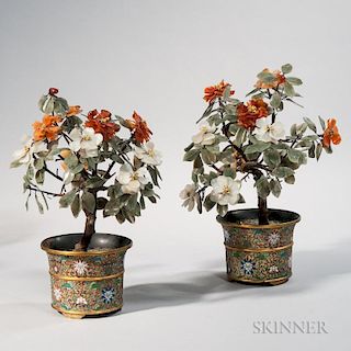 Pair of Hardstone Peonies in Champleve Pots 一对玉石牡丹花和镶嵌珐琅花盆