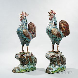 Pair of Large Bronze and Cloisonné Roosters 一对铜制景泰蓝公鸡