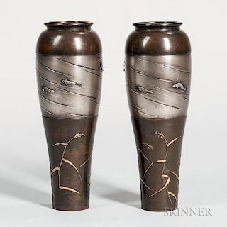 Pair of Mixed-metal-inlaid Bronze Vases 一对混合金属铜花瓶