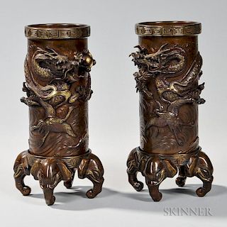 Pair of Bronze Dragon Vases 一对铜龙纹瓶
