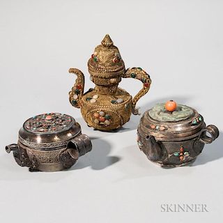 Three Silver/Copper Handled and Covered Ewers 三只铜银壶