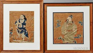 Two Framed Embroidered Silk Fragments 中国两片刺绣丝织品
