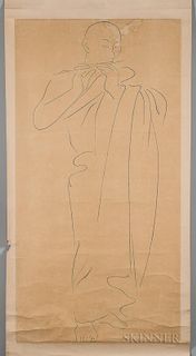 Hanging Scroll Depicting a Monk Playing the Flute 日本画 立轴-僧人吹笛
