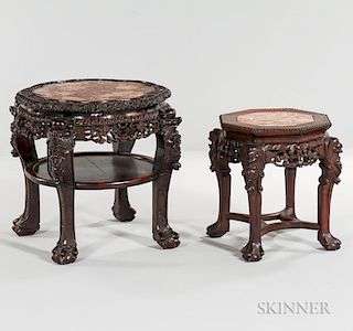 Two Rose-colored Marble-top Hardwood Stands 一对玫瑰大理石面硬木花架