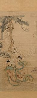 Chinese Scroll depicting 2 beauties