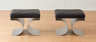 MICHEL BOYER PAIR OF LEATHER UPHOLSTERED STAINLESS STEEL STOOLS