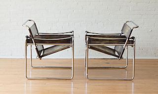MARCEL BREUER PAIR OF CHROMED TUBULAR STEEL AND LEATHER WASSILY CHAIRS