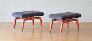 MID-CENTURY MODERN STYLE ORANGE-PAINTED BENCHES, OF RECENT MANUFACTURE