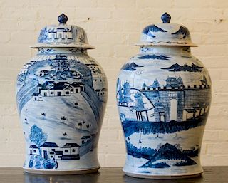 PAIR OF MODERN CHINESE BLUE AND WHITE PORCELAIN LARGE BALUSTER-FORM JARS AND COVERS