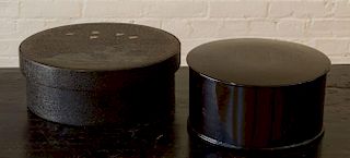 TWO CIRCULAR JAPANESE BLACK LACQUER BOXES AND COVERS