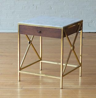 MARBLE TOP BRASS AND WALNUT SIDE TABLE