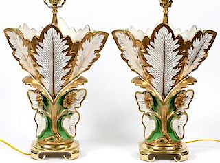 LEAF AND FLOWER FORM PORCELAIN TABLE LAMPS PAIR
