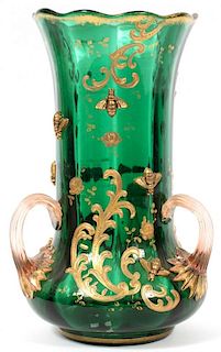 MOSER GILT AND ENAMELED EMERALD GLASS LOVING CUP