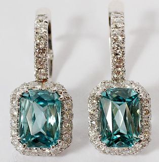 NATURAL BLUE ZIRCON AND 1.30CT DIAMOND EARRINGS