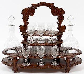 ETCHED CRYSTAL DECANTERS AND CORDIALS W/ STAND