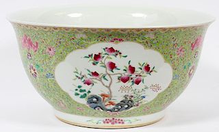 CHINESE FLORAL ON LIME GREEN GROUND PORCELAIN BOWL