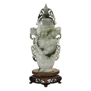 Carved Celadon Jadeite Covered VaseÂ with Stand